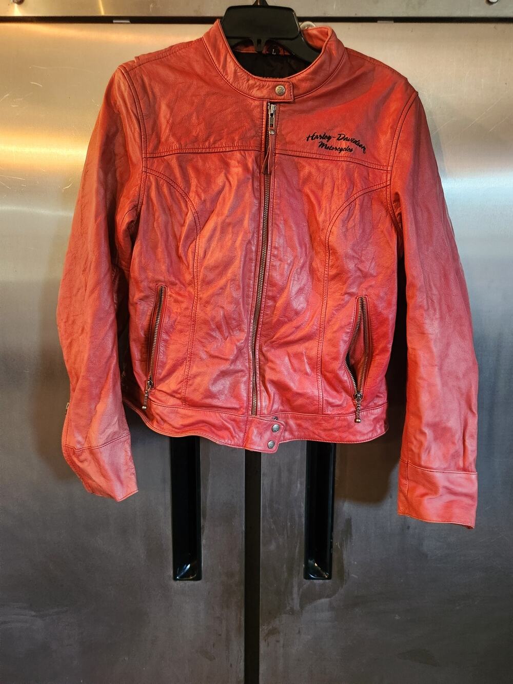 Harley-Davidson Women's Red Leather Motorcycle Jacket Size L Genuine Leather